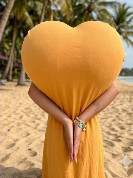 Woman doing the heart body pose on a tropical beach, demonstrating the evolution of heart pose trends